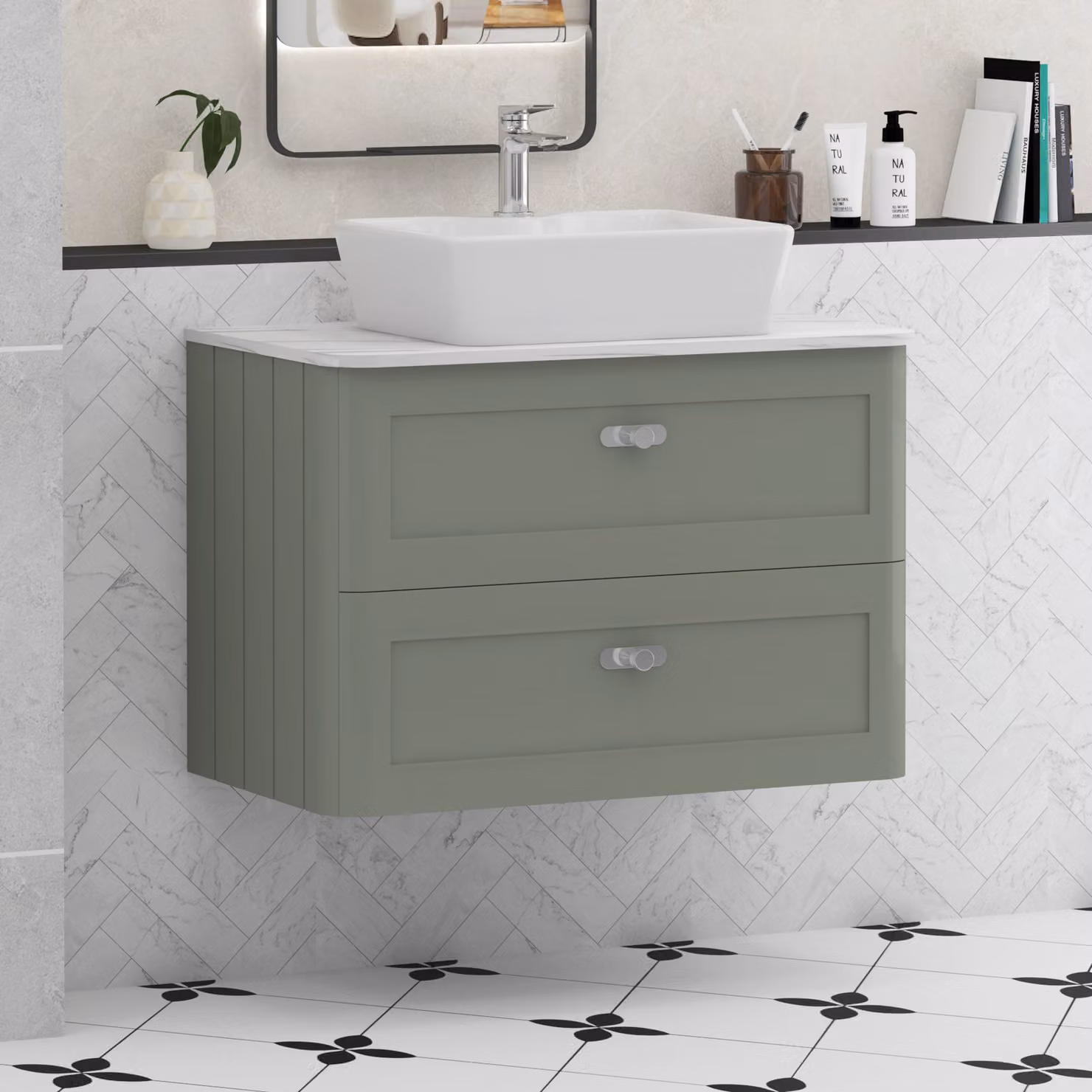 Royal Bathrooms Henley 800mm Sage Green Wall Hung 2 Drawer Vanity Unit with Carrara White Worktop and Chrome Knob