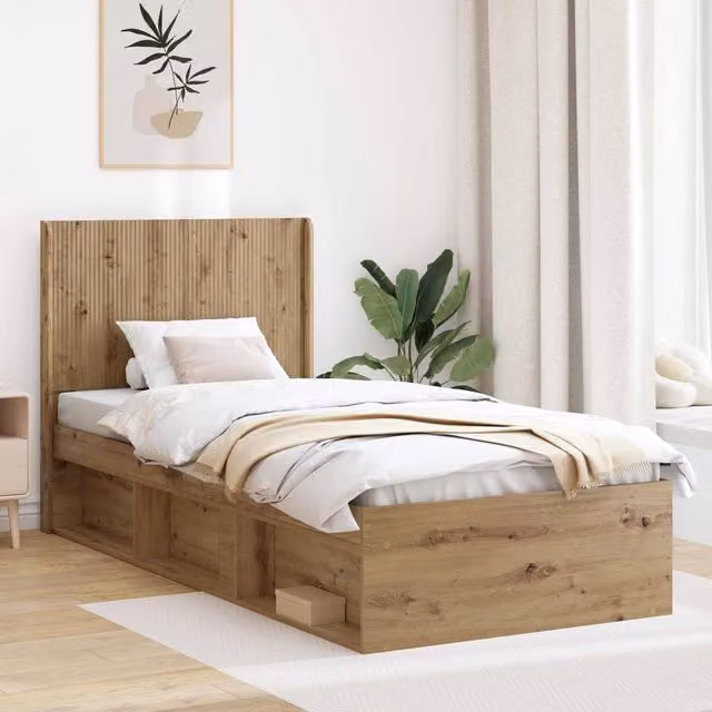 Berkfield Home Artisan Oak Bed Frame with Headboard and Side Compartment Storage, Brown, W/D/H: 90 x 190 cm – 1