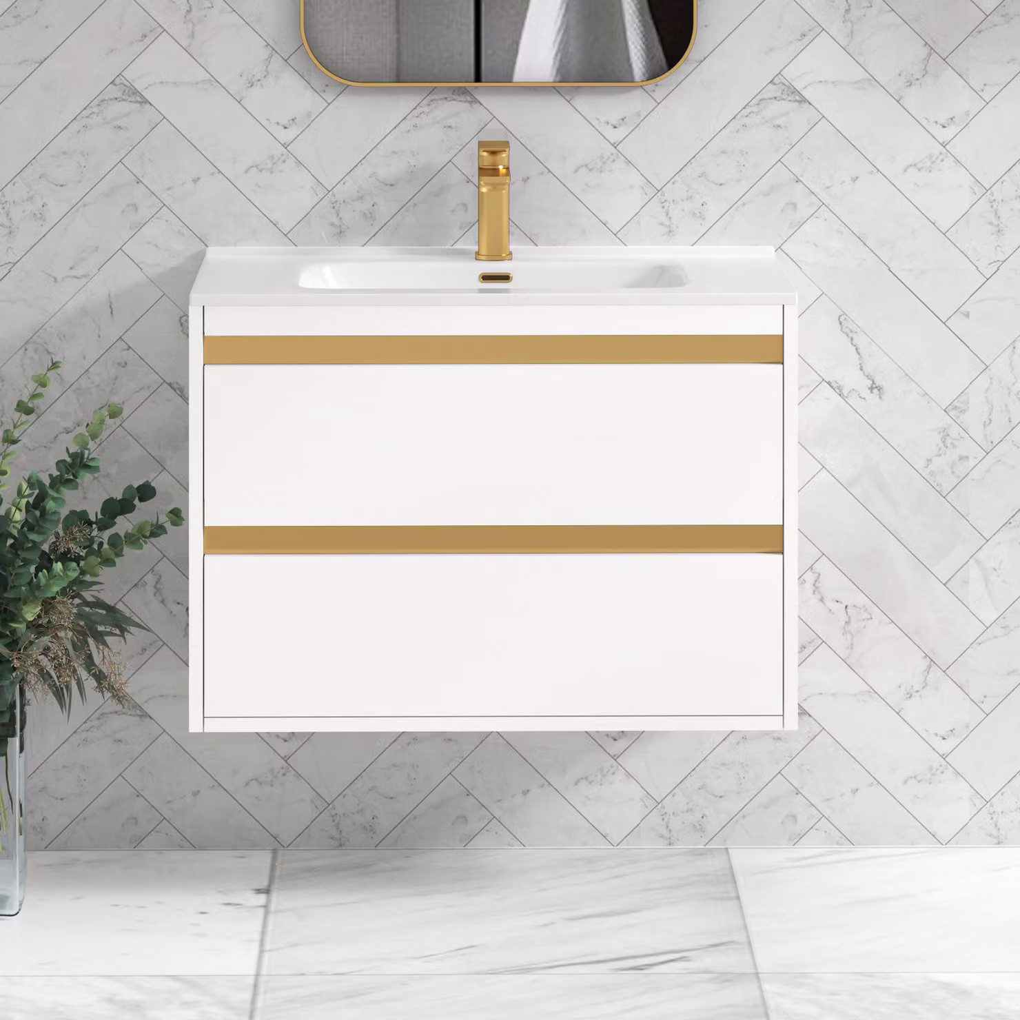 Royal Bathrooms Orion 800mm Matt White 2 Drawer Wall Hung Vanity Unit with Ceramic Basin and Brushed Brass Accent Trim