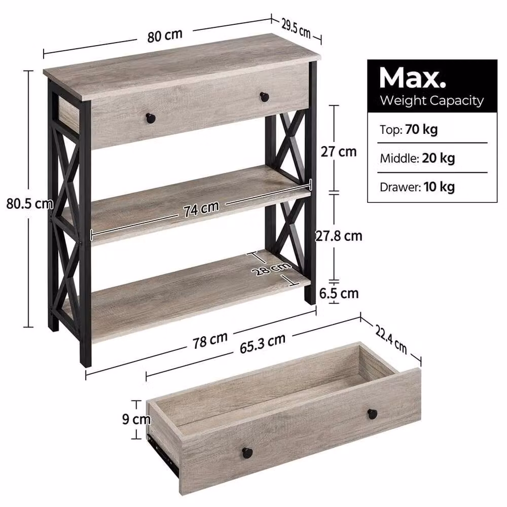 Kelvenix Grey Industrial Console Table with Glass Top and X-Frame Design – 2