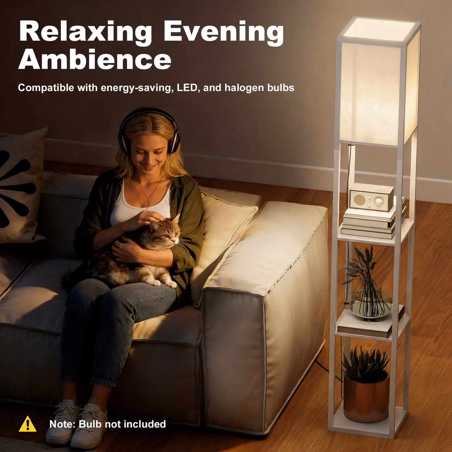 HOMCOM White Floor Lamp with 3-Tier Storage Shelf for Living Room and Bedroom – 4