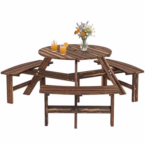 Outsunny 6 Seater Carbonised Wood Garden Dining Set with Table and Benches in Brown