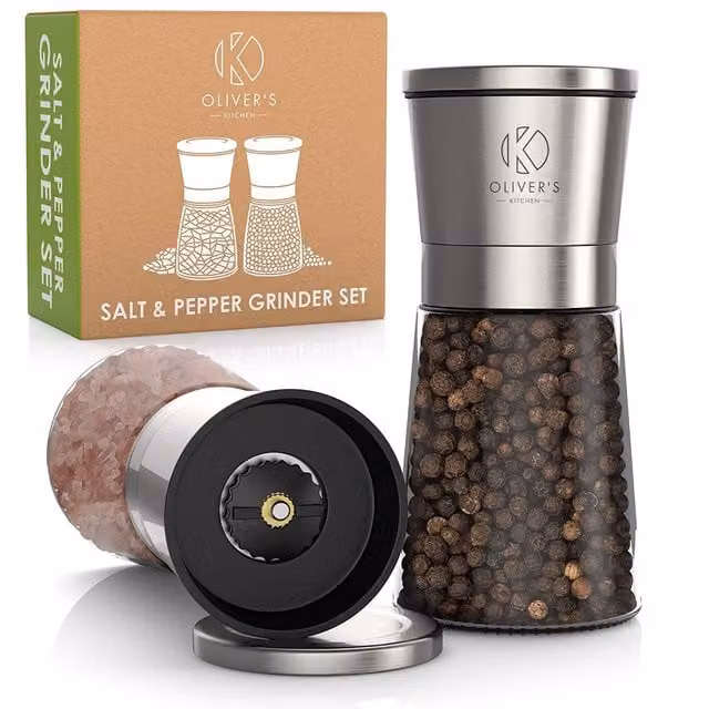 Oliver's Kitchen Salt and Pepper Grinder Set with Ceramic Mechanisms and Rotating Stand in Silver – 1