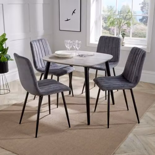 Core Products Aspen 5-Piece Dining Set with Square Grey-Oak Effect Table and 4 Grey Upholstered Fabric Chairs with Black Metal Legs – 2