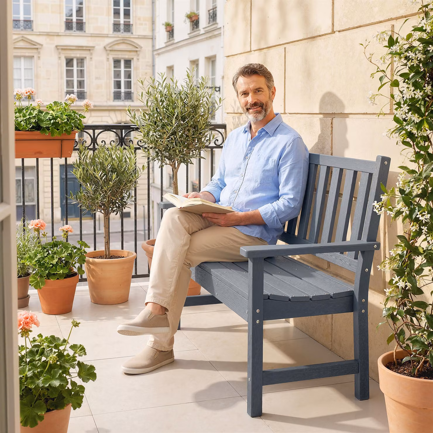 Outsunny 2 Seater Grey Plastic Garden Bench with Armrests and Backrest – 6