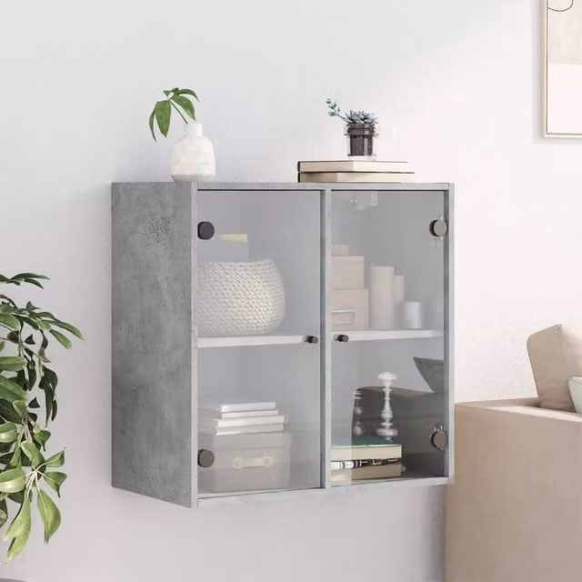 Berkfield Home Wall Mounted Cabinet with Glass Doors, Concrete Grey, W/D/H: 68 x 37 x 68.5 cm