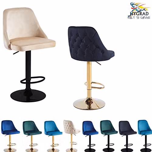 Hygrad Set of 2 Velvet Swivel Bar Stools with Height Adjustable Gas Lift in Black and Gold – 2