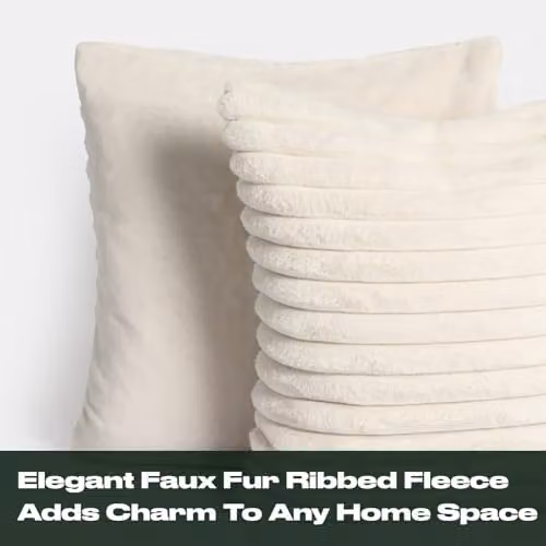 OHS Pack of 2 Ribbed Faux Fur Square Cushion Covers in Beige, W/D/H: 45 x 45 x 45 cm – 2