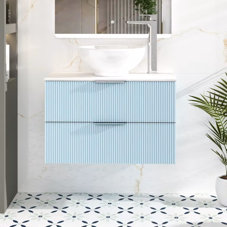Royal Bathrooms Evora 800mm Powder Blue Fluted Wall Hung Vanity Unit with 2 Drawers and White Stone Countertop Basin