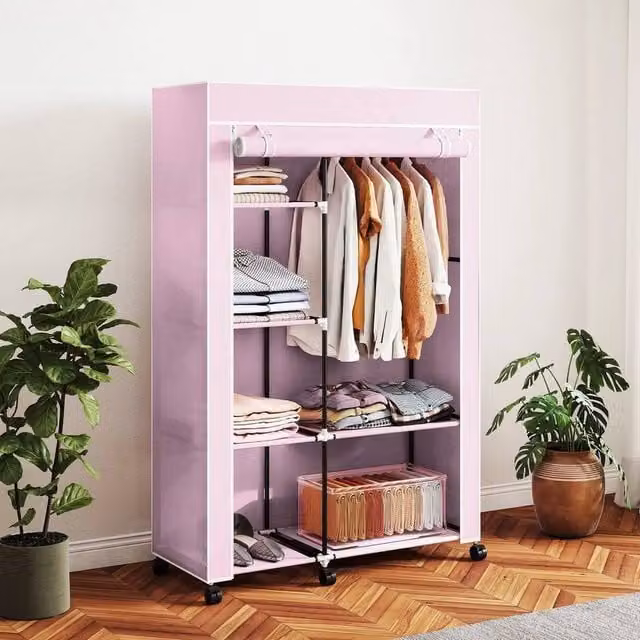 EONLION Portable Fabric Wardrobe in Pink with Internal Shelves and Hanging Rod, W: 100 cm