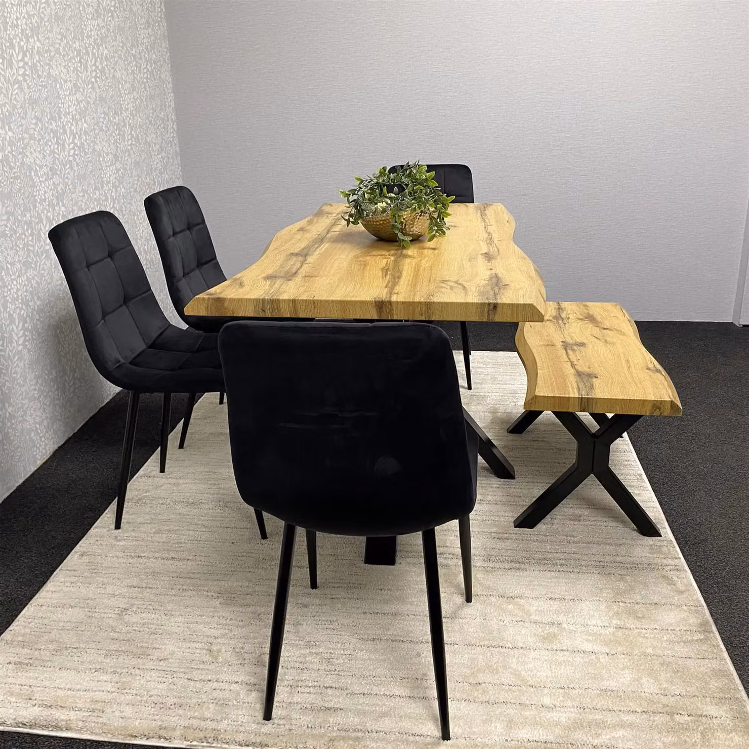 KOSY KOALA Wooden Dining Set with Rectangular Table, Bench and 4 Black Velvet Chairs in Brown – 7