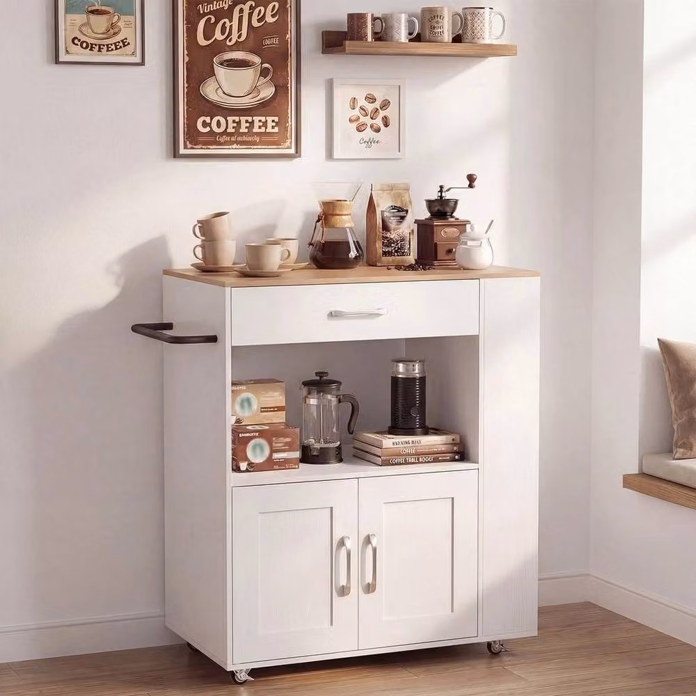 VOGREX Mobile Kitchen Cart with 2-Door Cabinet and Towel Rack in White – 5