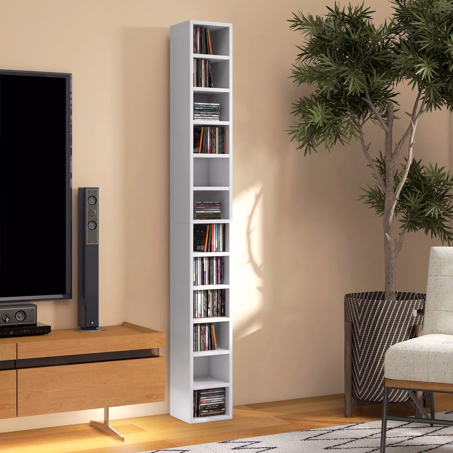 HOMCOM White 12-Cube CD and DVD Storage Unit, 175 cm Tall Freestanding Bookcase for Living Room or Home Office – 5