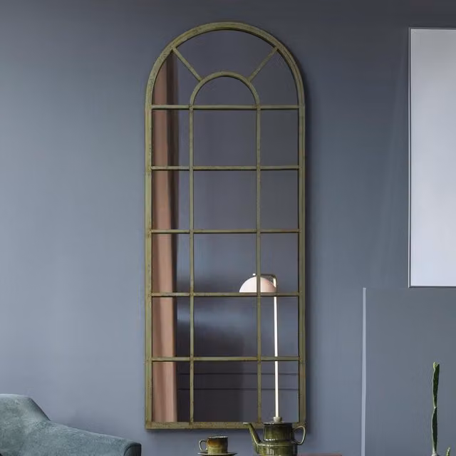 MirrorOutlet The Dorset Rustic Metal Framed Arched Leaner Wall Mirror, Green, Height: 140 cm