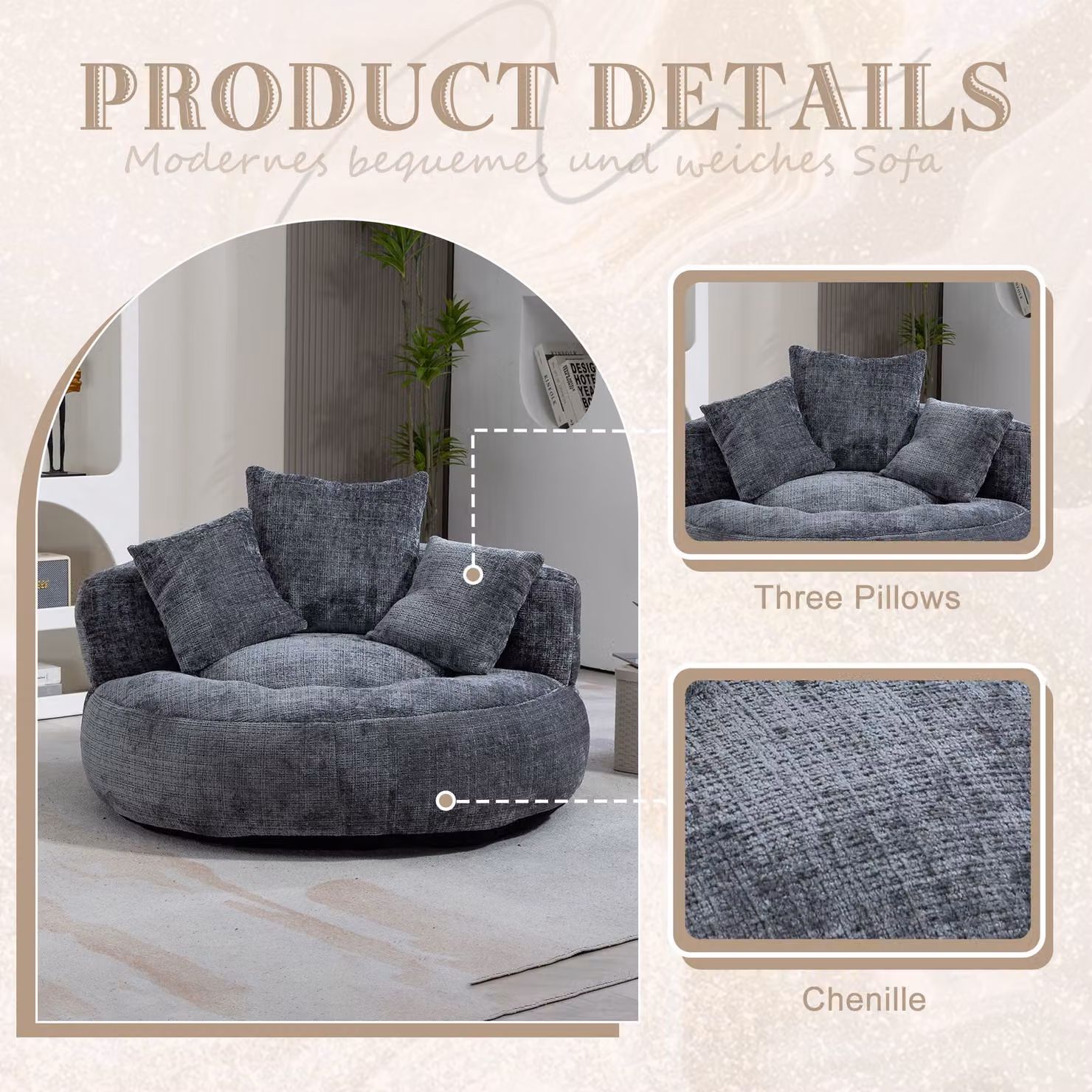 Aosom UK Grey Chenille Bean Bag Chair with 3 Pillows and Shredded Memory Foam Filling, W/D/H: 108 x 108 x 52 cm – 3
