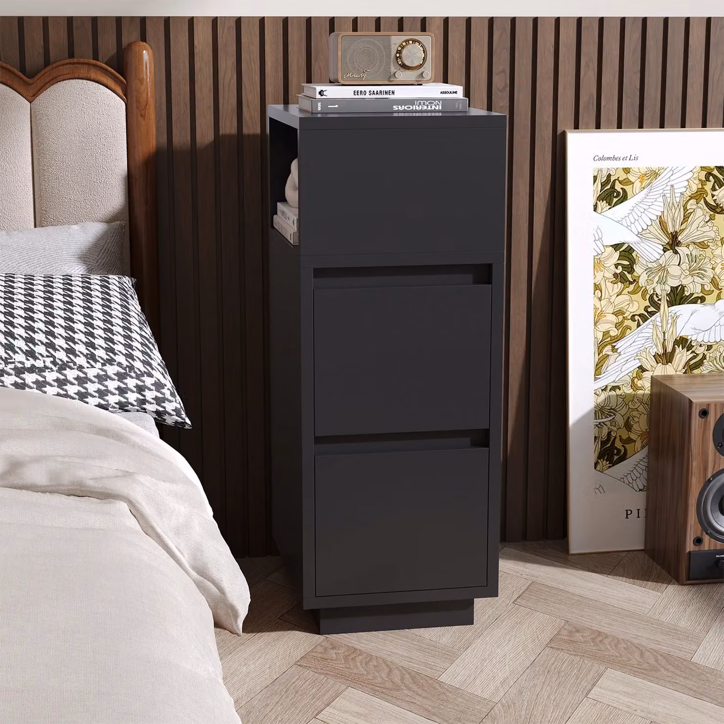 Living and Home Minimalist Bedside Table with Drawers in Matt Black, W/D/H: 65 x 30 x 1 cm – 2