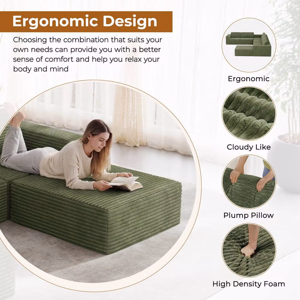 Dprodo Corduroy Modular Sofa Middle Seat, Green, W/D/H: 101 x 101 x 82 cm – 5