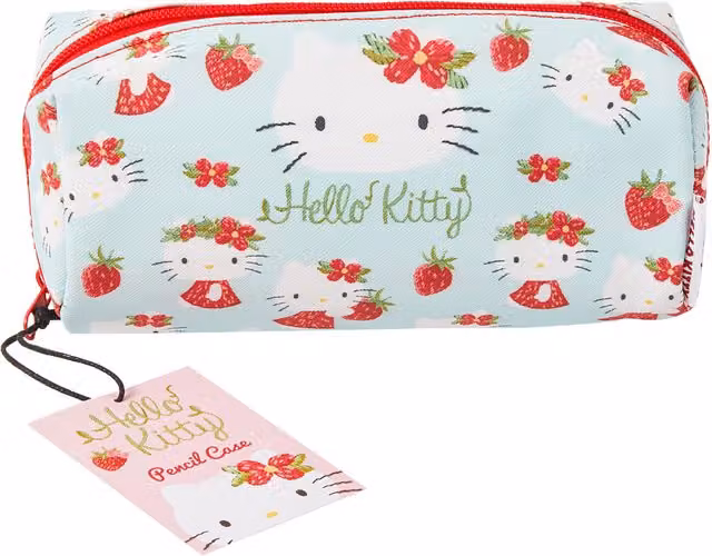 Hello Kitty Strawberry Blue Faux Leather Zip Pencil Case Flat Pouch