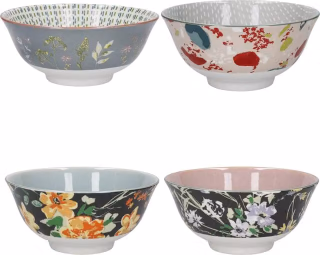 KitchenCraft 4pc Multicolour Ceramic Cereal Bowl Set with Floral Design, Diameter: 15.5 cm