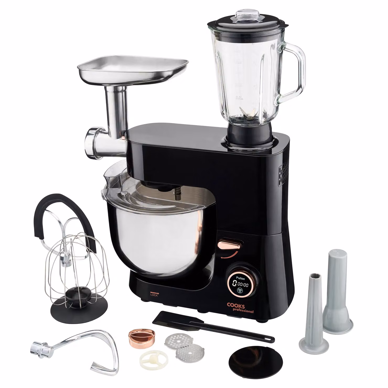 Cooks Professional Multi-Function 1800W Digital Stand Mixer with 8L Stainless Steel Bowl, Blender and Meat Mincer Capability in Black and Rose Gold – 3