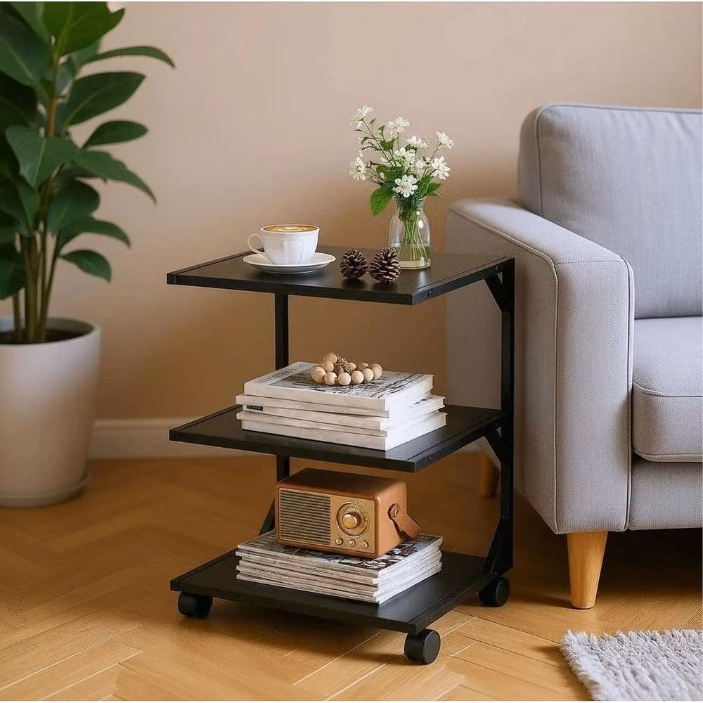 KORVIXA 3 Tier Rolling Side Table in Black Metal with Castors, W/D/H: 100 x 100 x 54 cm – 3