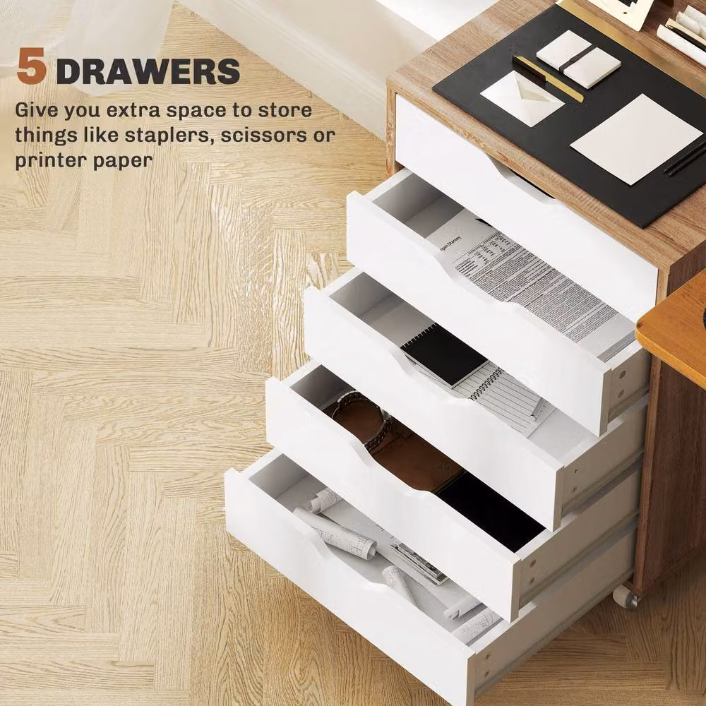 Rolipo 5-Drawer Mobile Office Filing Cabinet with Castors in Brown – 5
