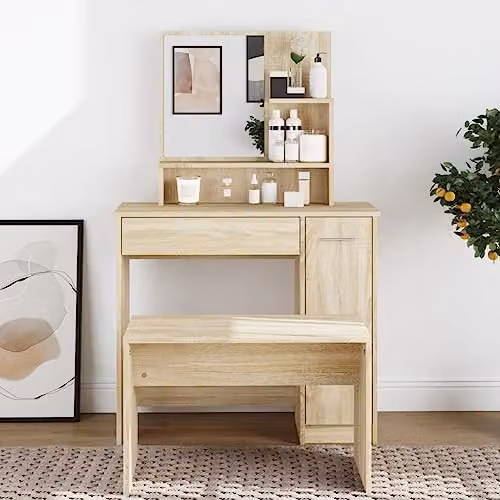vidaXL Dressing Table with Mirror in Sonoma Oak, W: 86.5 cm, D: 35 cm, H: 136 cm – 2