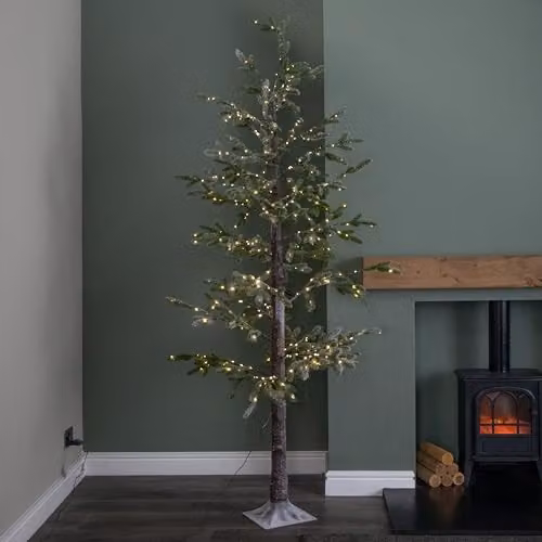 Samuel Alexander 8ft (2.40m) Tall Light up Christmas Snow Tree with 412 Warm White LEDs in White and Brown, H: 240 cm, W: 80 cm, D: 80 cm – 2