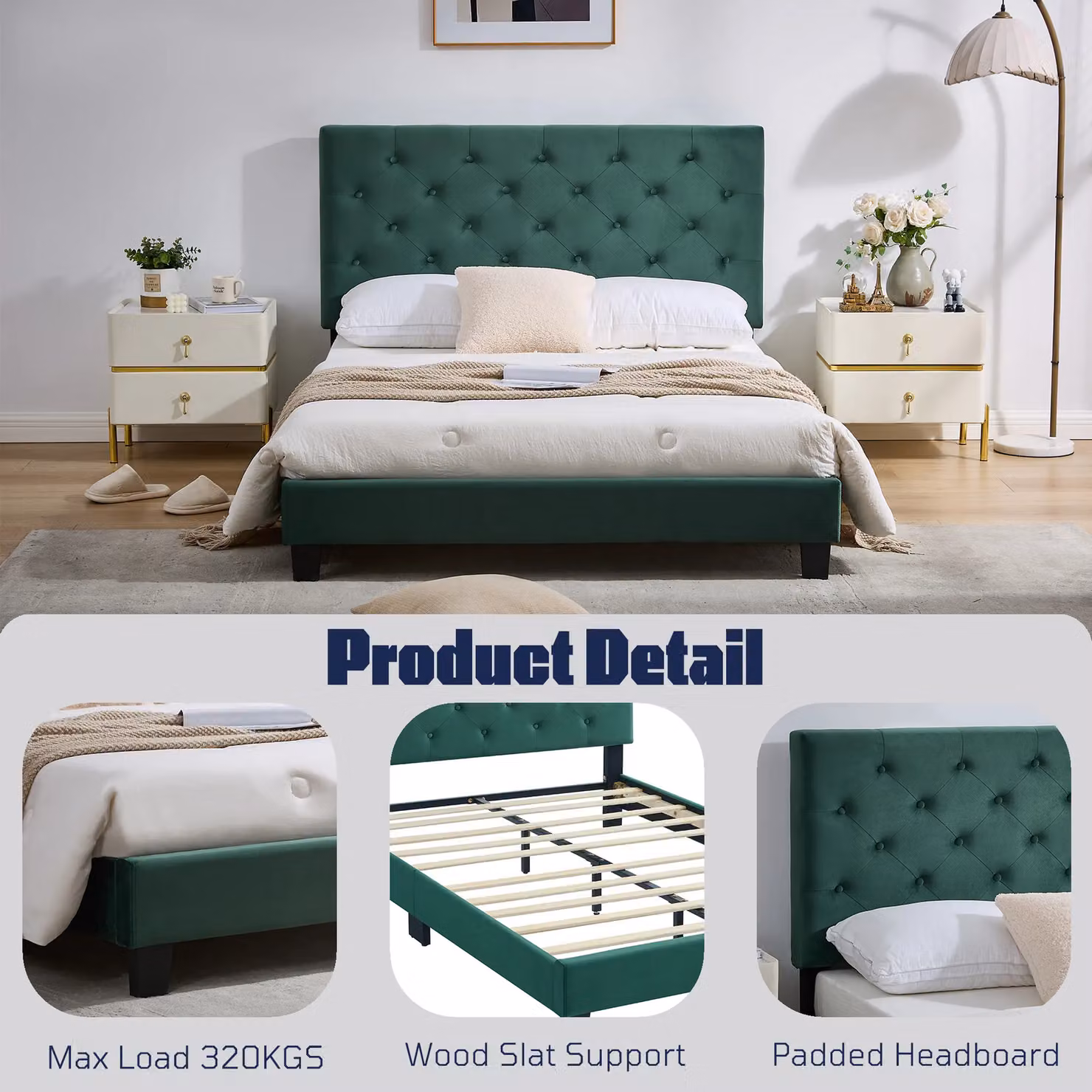FURNITURE ONE Upholstered Platform Bed Frame with Adjustable Button Tufted Headboard in Green, W/D/H: 180 x 200 x 118 cm – 2