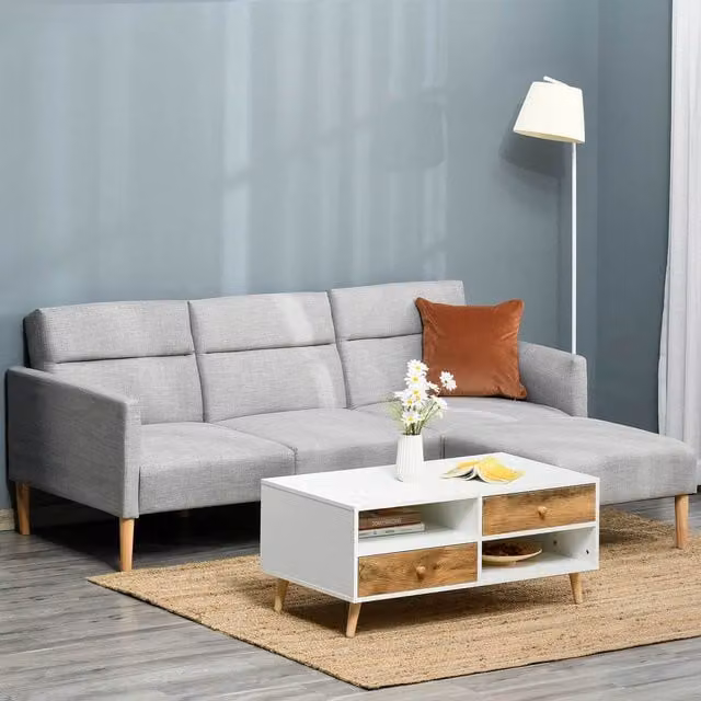 HOMCOM Grey Upholstered L-Shape Click-Clack Sofa Bed with Adjustable Headrest and Footstool