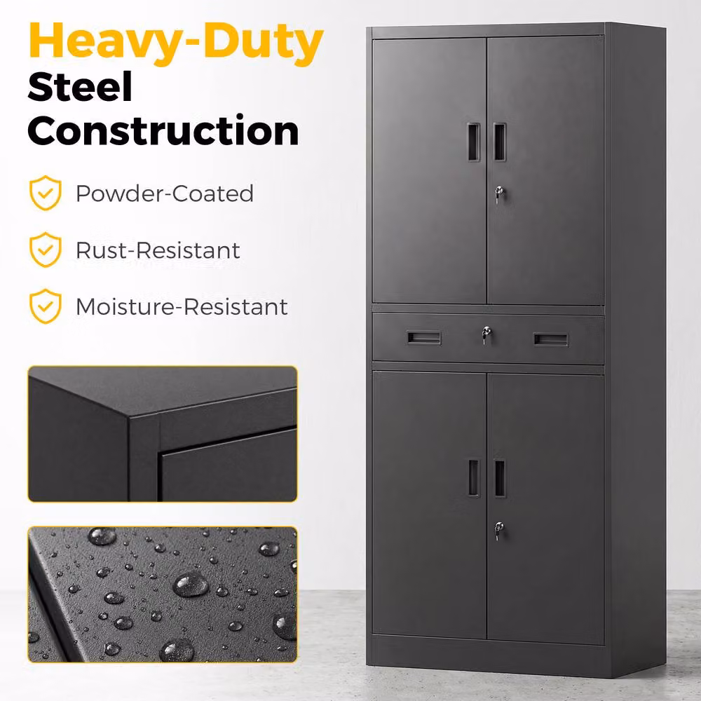 HOMCOM Lockable Metal Tool Storage Cabinet with Drawer, Black, H 180 x W 75 x D 40 cm – 4