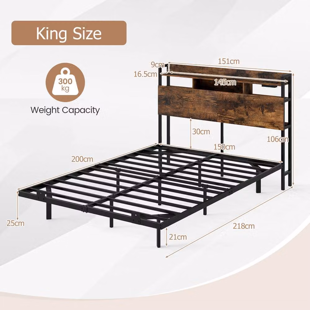 Costway King Size Floating Platform Bed Frame in Brown with LED Lights, USB Charging Port and Side Compartments, W/D/H: 180 x 200 cm – 2