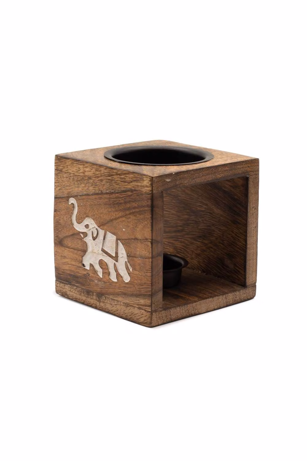 KDMD Square Mango Wood Elephant Oil Burner in Brown and Black – 2