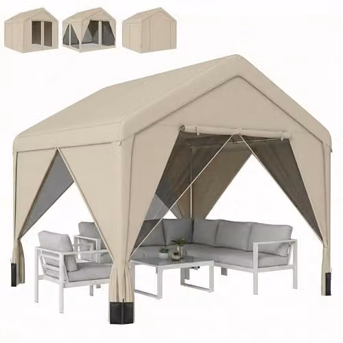 Outsunny Beige Patio Gazebo with Gable Roof and Netting Curtains W/D/H: 300 x 300 x 278 cm – 1