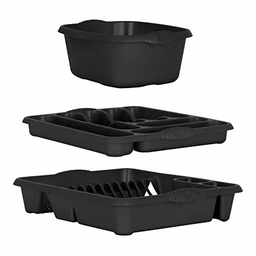 Wham Casa 3 Piece Plastic Kitchen Set in Midnight Black including Rectangular Bowl (Width: 38 cm), Cutlery Holder and Dish Drainer – 2