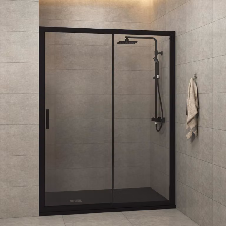 Royal Bathrooms Milan Sliding Shower Door, Matt Black, Clear Glass, W: 120 cm, 6 mm Thickness
