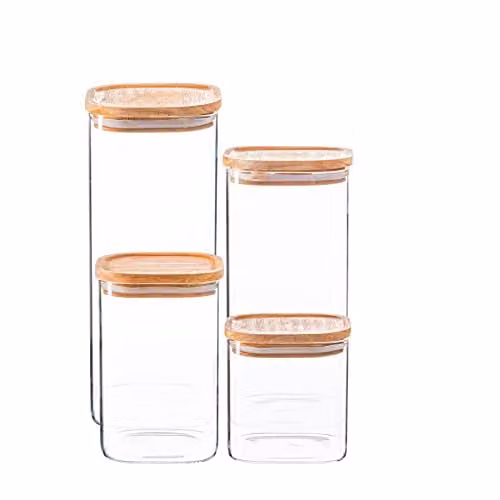 Argon Tableware Square Glass Storage Jar Set with Airtight Wooden Lids, Transparent, 4 Sizes – 1