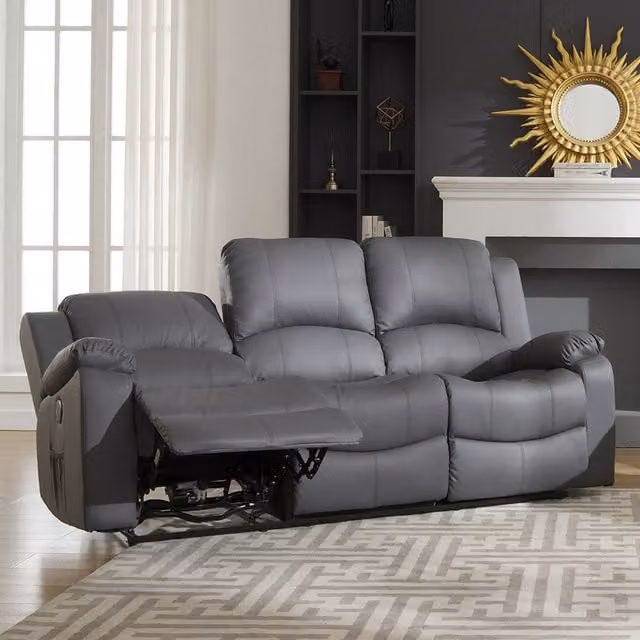 Artemis Home Glendale 3 Seat Electric Reclining Sofa in Grey with USB Charging and Synthetic Leather Upholstery