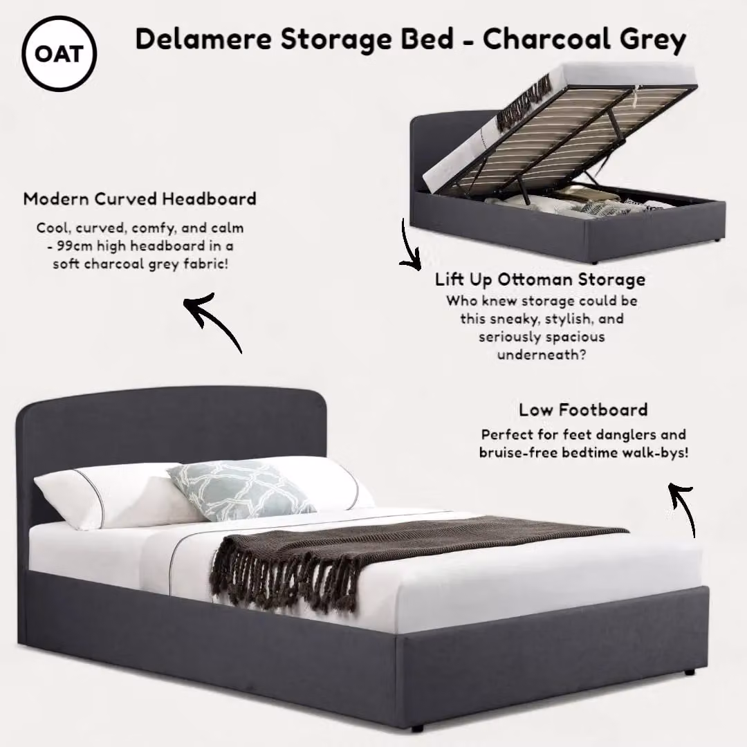 OAT Home Delamere Modern Low Headboard Upholstered Ottoman Storage Bed Frame in Grey, Size: Double (140 x 200 cm) – 7