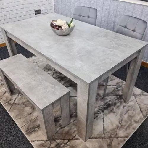 Kosy Koala Dining Set with Rectangular Stone Grey Effect Wood Table, Bench and 2 Grey Velvet Chairs