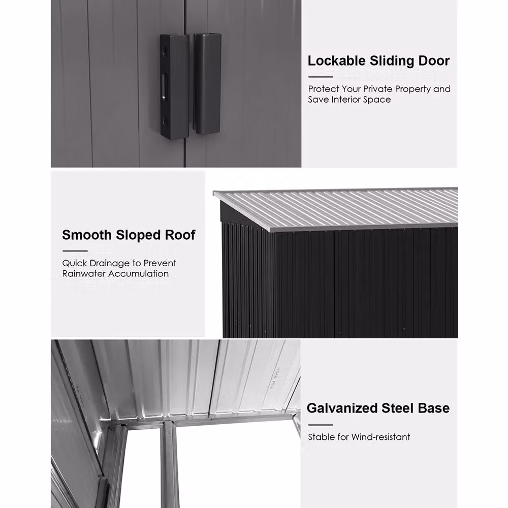 Living and Home Metal Garden Storage Shed with Pent Roof, Double Lockable Sliding Doors and Foundation Base, Charcoal Black – 4