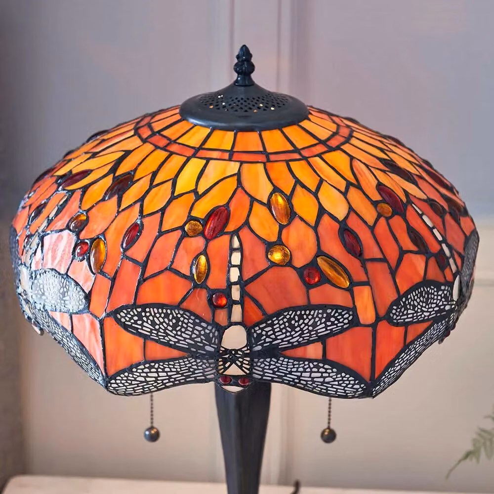 Loops Tiffany Glass Table Lamp with Orange and Red Dragonfly Shade and Dark Bronze Base – 4