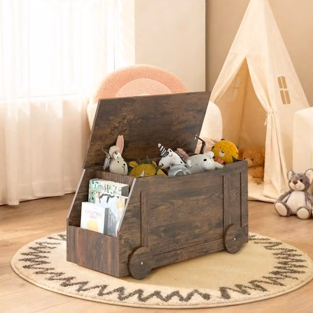 KEEPREAPER Wooden Toy Storage Box with Soft Close Lid and Castors in Brown – 1