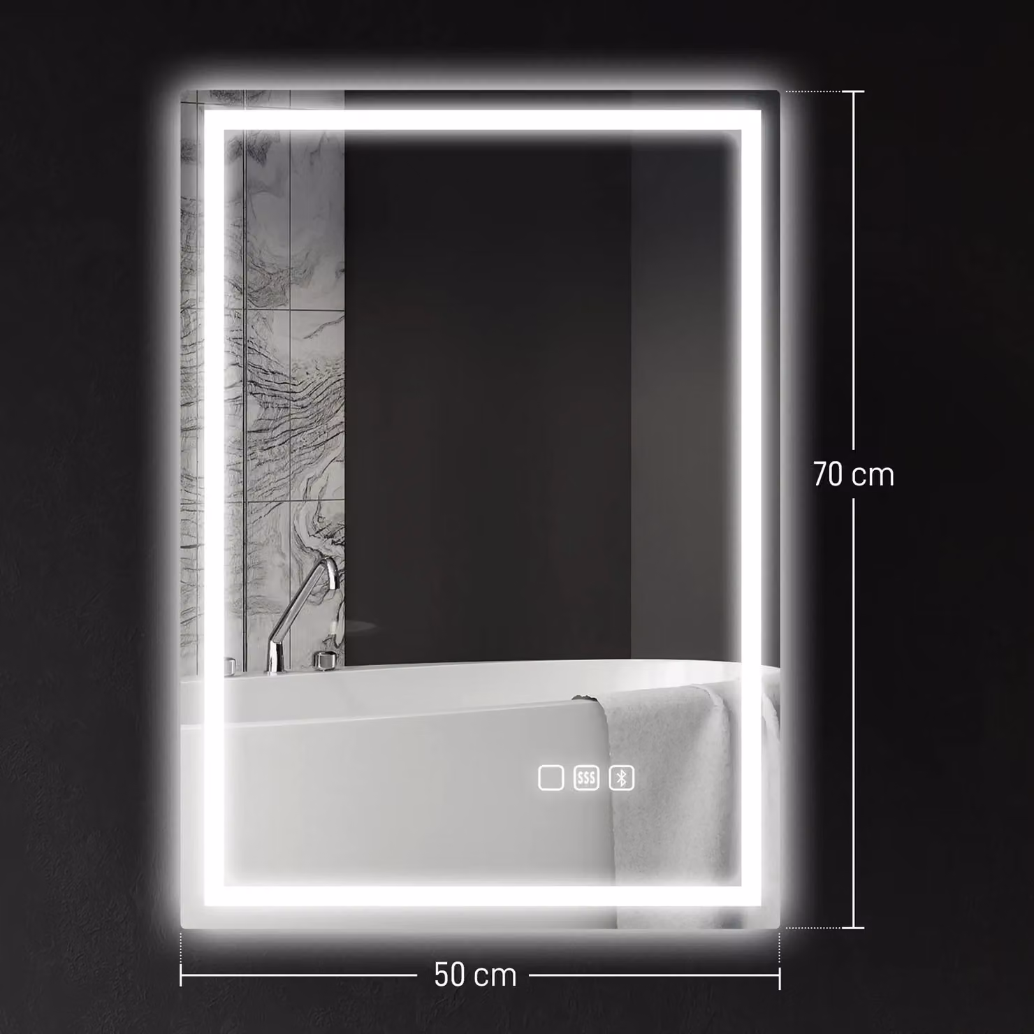 HOMCOM Silver Rectangular Wall Mounted Bathroom Mirror with Bluetooth, LED Lights and Demister Pad, W: 50 cm, H: 70 cm – 3