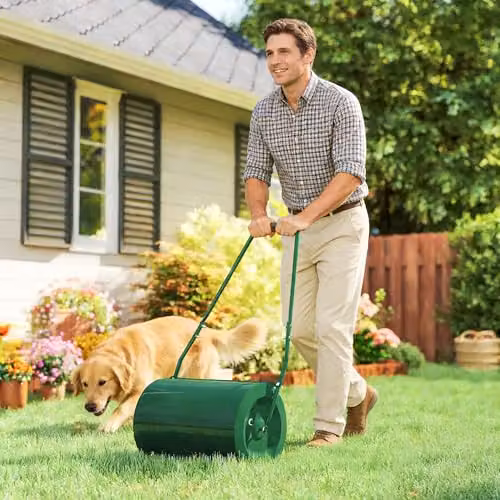Outsunny 63 L Garden Lawn Roller with Water or Sand Filled Metal Drum, Green – 4