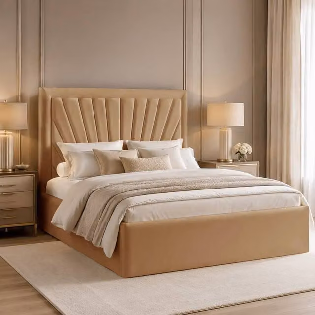 Desire Deco Ariana Upholstered Plush Velvet Bed Frame in Beige, W/D/H: 90 x 190 cm – 1