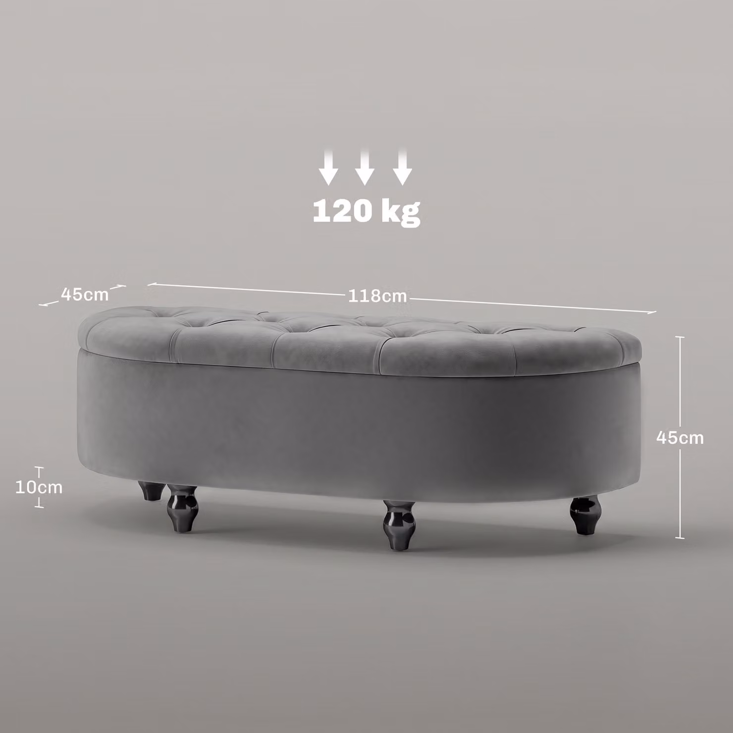 HOMCOM Semi-Circle Tufted Velvet Bed End Bench Ottoman with Storage and Rubberwood Legs, Grey, W: 120 cm, D: 45 cm, H: 118 cm – 3