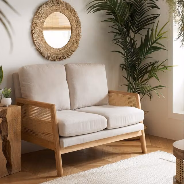 Birlea Ida White Rattan 2 Seater Sofa and Armchair Bundle with Upholstered Fabric Seating