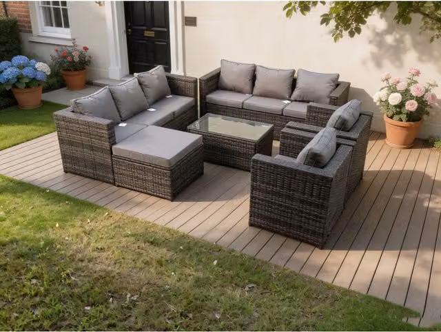 Fimous Modern Grey Rattan Garden Furniture Set with 3-Seater Sofa, Coffee Table, Armchairs and Ottoman
