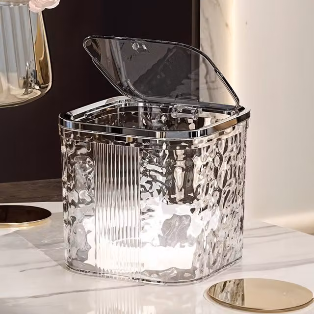 Livingandhome Mini Desktop Trash Bin with Touch Press-Top Lid and Ripple Texture in White and Transparent Plastic